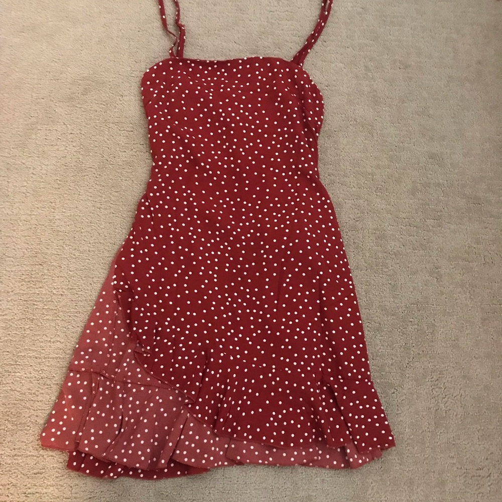 COPY - Princess Polly wine colored polka dot midi dress. Ties in the back.